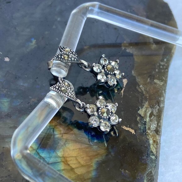 Sterling Silver 925 Cubic Zirconia & Marcasite Flower Dangle Stud Earrings - Picture 7 of 16